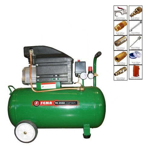 Compresor Aire 2,5 Hp 220v 50 Litros 2 Incluye Kit 10 Piezas Fema