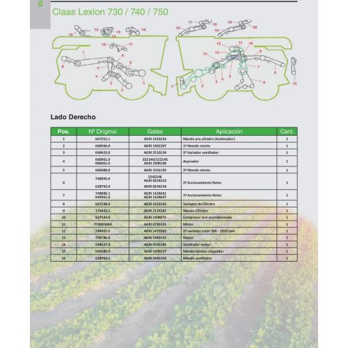 Correas para  Claas Lexion 730 / 740 / 750 Marca Gates